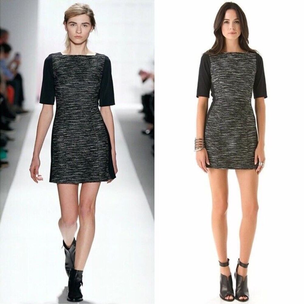 Tibi Womens Black Tweed‎ Sheath Dress Short Sleeve Square Neck Lined Size 8 Fall